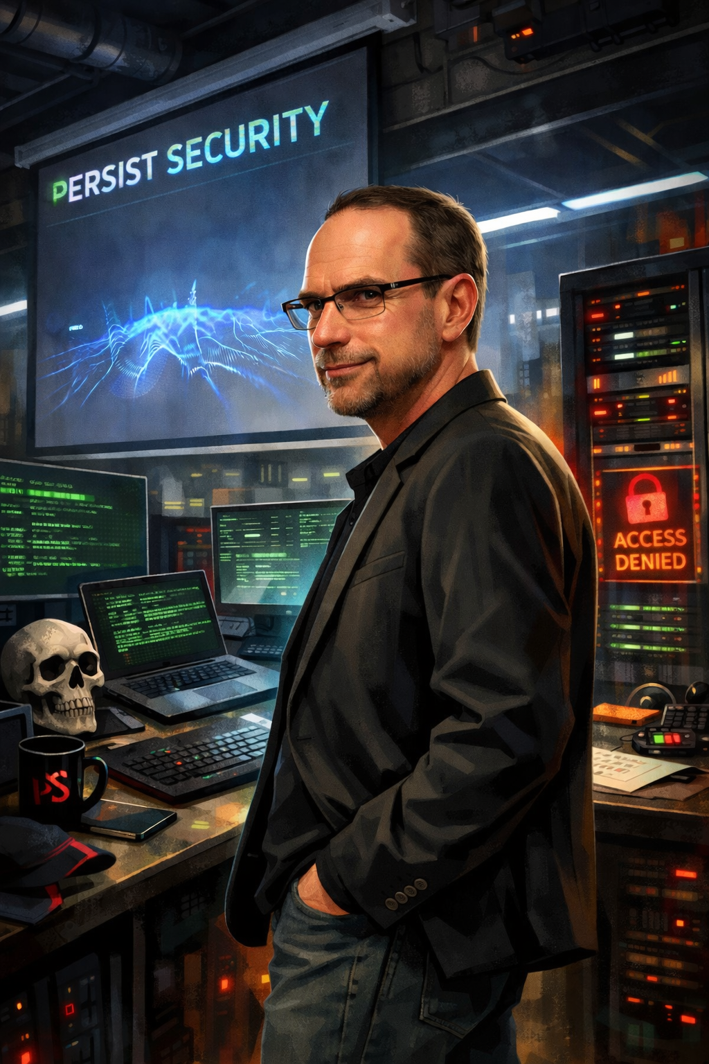 Caricature of Persist Security CEO in a cybersecurity operations center